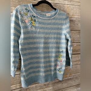 Floral Embroidered Blue Striped Sweater, bird, buttons, Yumi